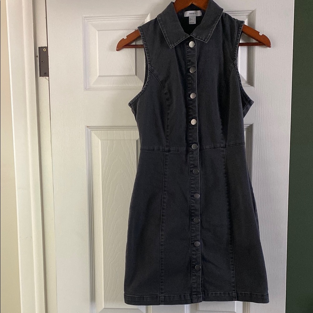 Forever 21 - Sleeveless Black Stretch Denim Button Up Mini Dress - Size Small